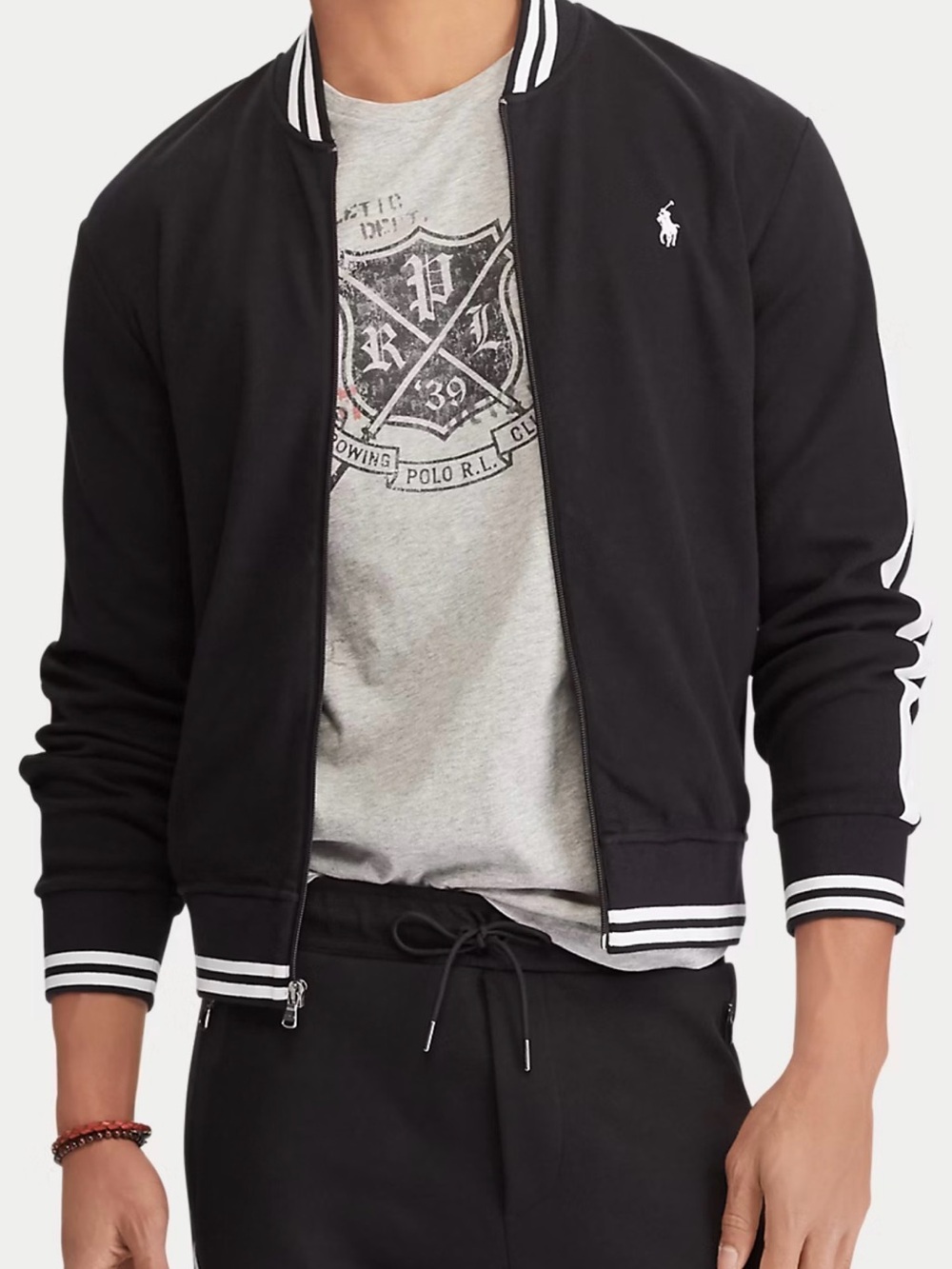 Polo by Ralph Lauren Black Bomber Jacket with White Stripes